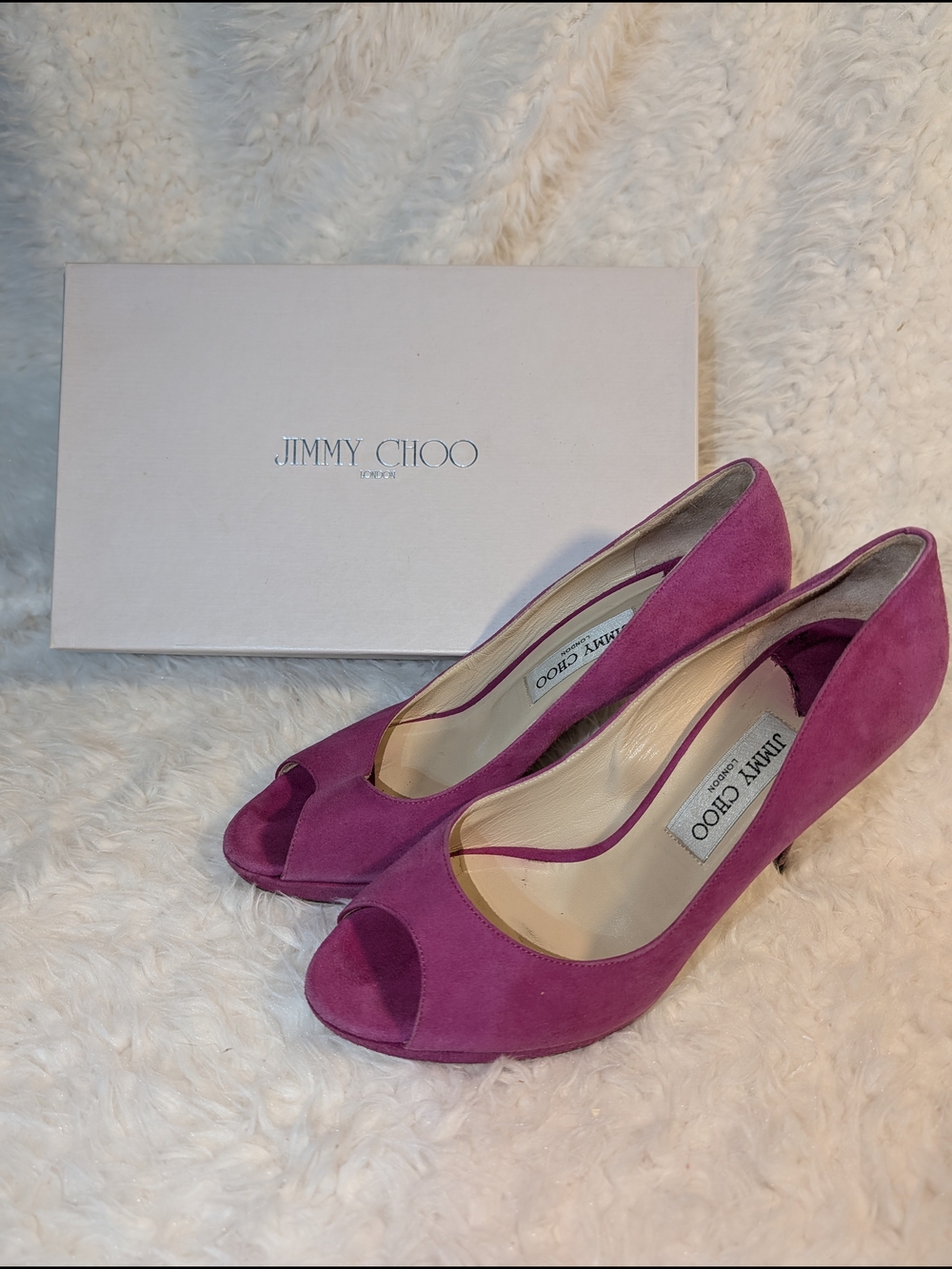 Jimmy Choo Fuchsia Suede Peep-Toe Pumps